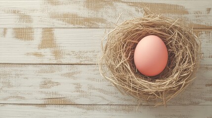 A minimalist Easter setup featuring a single pastel egg in a nest, placed on a light wooden surface with space for text.