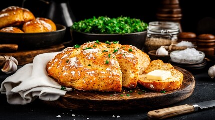 Golden garlic bread loaf sits beautifully on dark wood rustic setting bathed in warm light. AI Generated