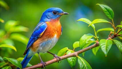 Fototapeta premium Bluebird Hiding in Green Leaves, Bokeh Background, Wildlife Photography, Bird in Nature
