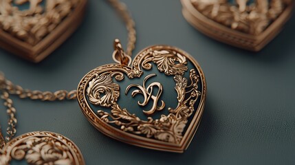 Naklejka premium Intricately designed gold heart-shaped pendants on a textured background.