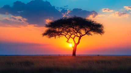 Fototapeta premium Majestic tree silhouetted against a vibrant African sunset with dramatic skies and golden grass