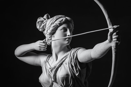 Monumental marble statue of Artemis, goddess of the hunt, as she prepares to shoot an arrow. Ancient Greek and Roman mythology.