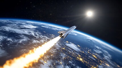 Spacecraft powerfully ascends Earth orbit brilliant sunlight. AI Generated