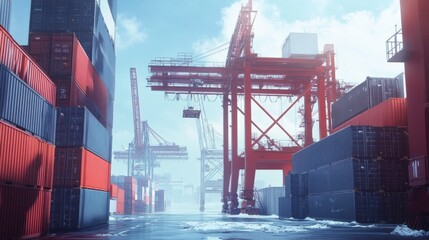 A global trade hub with shipping containers and cranes at work