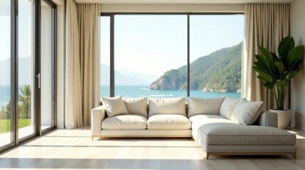 Serene Coastal Living Room with Sectional Sofa and Panoramic Ocean View
