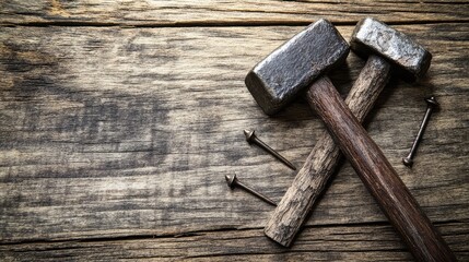 A simple composition of nails and a hammer on a wooden background, symbolizing the crucifixion, with soft shadows and open copy space.