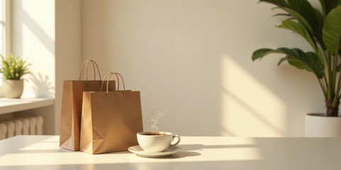 Fototapeta premium Warm sunlight illuminates a minimalist scene featuring two paper shopping bags and a steaming cup of coffee resting on a pristine white surface.