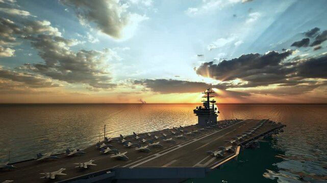 Aircraft Carrier Warship Battleship In The Ocean Navy, Sunset Time
