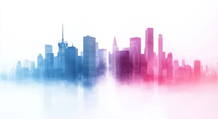 Abstract silhouette of a modern city skyline during dawn or dusk, featuring vibrant blue and pink hues blending with wispy clouds for an artistic effect.