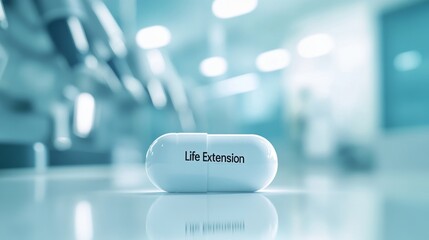 Capsule labeled "Life Extension" rests on a shiny surface in a lab filled with scientific instruments, symbolizing health and longevity research in a professional environment.