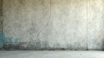 Fototapeta premium Cracked Concrete Wall and Floor in a Desolate, Empty Room, Ready for Renovation or Artistic Expression