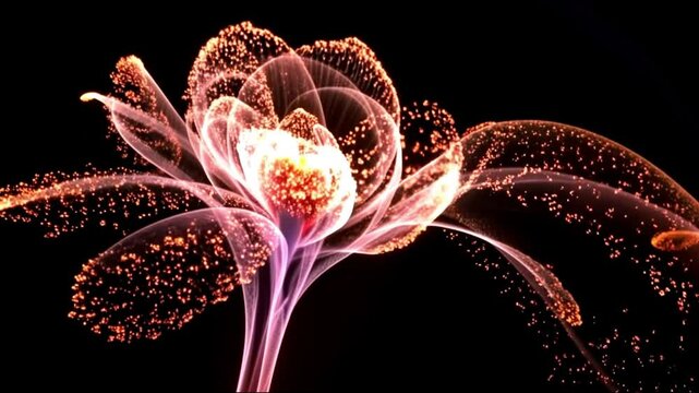 Intricate computer-generated particles swirling in turbulent motions, forming a stunning flower-like structure on a dark background.