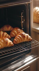 Golden Brown Croissants Baking in Oven, Freshly Baked Pastry
