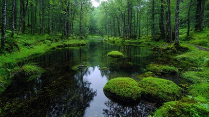Obraz premium Tranquil forest stream, lush greenery, misty atmosphere, nature background, ideal for relaxation imagery