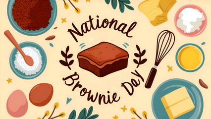 National Brownie Day Illustration: Delicious Chocolate Brownie, Baking Ingredients, Whisk, Eggs, Cocoa, Butter, Festive Celebration Image
