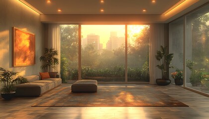 Serene Modern Living Room Bathed in Warm Sunset Light with Lush Greenery Visible Through Spacious Glass Windows and Elegant Furnishings