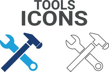 Tools icon. Contains fix, maintenance, toolbox, assistance, broken, troubleshoot, patch, and repairman service icons. Solid icon collection. Vector illustration.