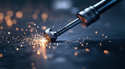 Screw being drilled metal surface with sparks flying in workshop setting