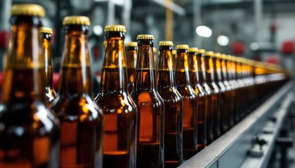 Amber beer bottles on a conveyor belt in a brewery