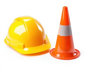 Bright Yellow Hard Hat and Orange Traffic Cone Isolated on White Background for Construction Safety and Roadwork Imagery Needs