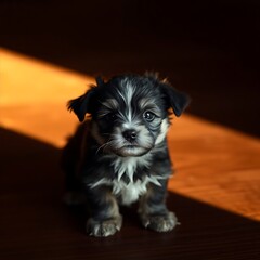 Adorable small puppy sitting on wooden floor in sunlight.