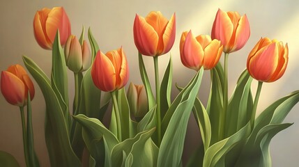 Obraz premium Orange and red tulips bloom vibrantly with soft light, perfect for spring advertising and elegant floral banners.