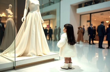 A cute little girl in a fluffy white fur coat stood in front of a shop window with a mannequin in a beautiful dress. An advertisement for a dress store.