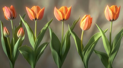 A row of orange tulips with strong vertical stems and rich green leaves offers clear space for editorial use.