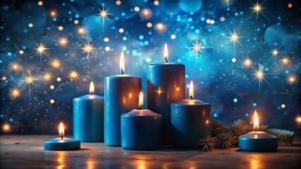 Burning Blue Candles, Starry Night, Festive Christmas & Hanukkah Background
