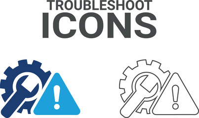 Troubleshoot icon. It contains fix, maintenance, toolbox, assistance, broken, troubleshoot, patch, and repairman service icons. Solid icon collection. Vector illustration.