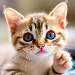 Adorable tabby kitten with big blue eyes, reaching out a paw.