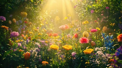 Obraz premium A vibrant spring garden scene with blooming flowers and golden sunlight, symbolizing the new life of Easter Sunday, with room for copy.