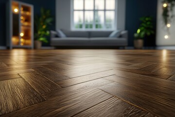 Elegant Herringbone Wood Flooring in Modern Living Room with Soft Lighting and Cozy Sofa Surrounded by Lush Green Plants and Bright Windows
