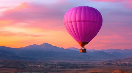 Fototapeta premium Purple hot air balloon floats peacefully over a mountain valley during a vibrant sunset.