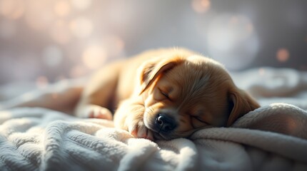 Adorable tiny puppy sleeping peacefully on a soft blanket.
