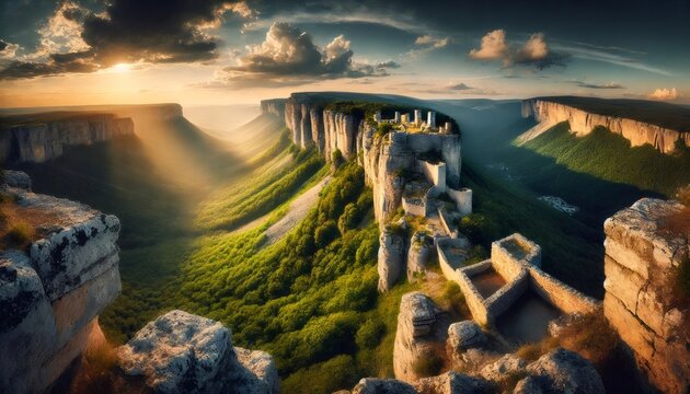 Dramatic sunset illuminating ruins of medieval castle on a cliff in mangup kale, crimea