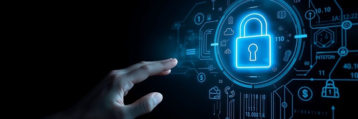 Internet Security and Data Protection &ndash; Blockchain and Cybersecurity with Digital Padlock. security copy space background, digital padlock, blockchain security, IT security, cyber threats