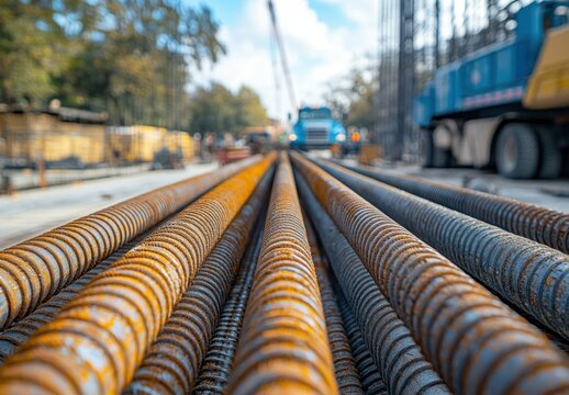 Close-Up View of Rusty Steel Reinforcement Bars on Construction Site with Machinery and Blue Sky in Background, Symbolizing Industrial Development and Infrastructure Projects
