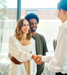 Fototapeta premium couple house property agent home real estate business buying investment apartment agreement deal client buyer new loan handshake shaking meeting agreement hand signing contract