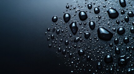 Realistic droplets of water a dark grey background highlighting the glossy texture of fresh dew on a sleek surface creating abstract liquid bubbles in a minimalist setting