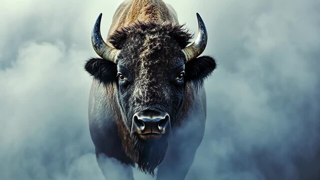 A majestic American bison standing tall in the morning mist, with piercing eyes and powerful horns. The focus is on the face, a realistic photo shoot in the early light 
