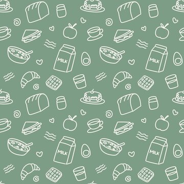 doodle white line art seamless pattern with breakfast food