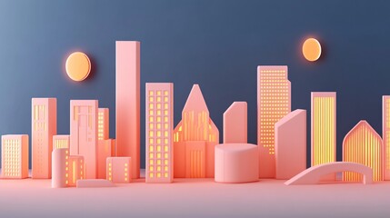 Obraz premium Pink Cityscape Minimalist Night Scene 3D Render