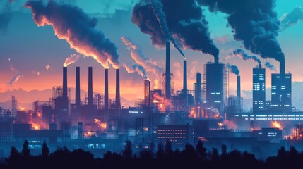 Obraz premium Industrial Sunset: A Stunning View of a Polluting Factory at Dusk