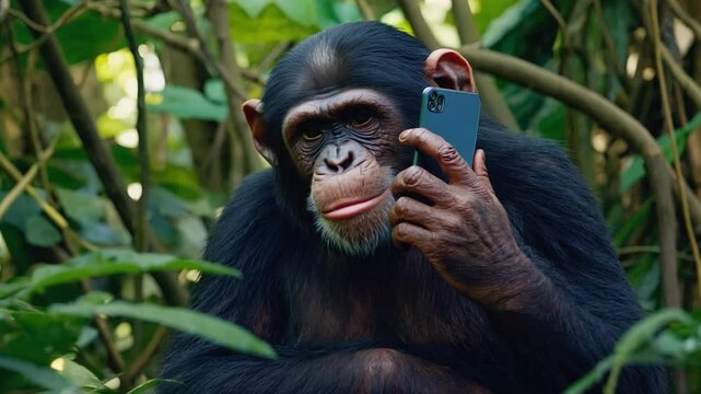 4k video of a monkey calling on a phone.