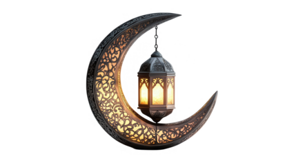 Ramadan design featuring a glowing crescent moon with a lantern, holy festival, Islamic month, isolated on white, PNG file