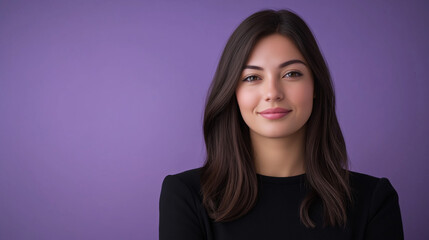 Fototapeta premium Portrait of Stylish Professional Woman Presenting News on Violet Background