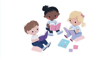 Obraz premium Diverse children reading together: engaging young minds with books