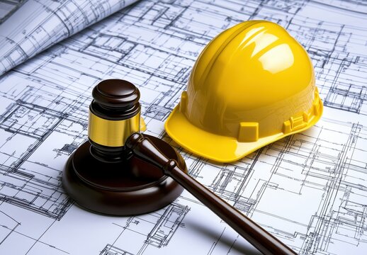 Construction and Legal Collaboration Concept with Yellow Hard Hat, Gavel, and Blueprint Background Representing Architecture and Law Interconnection