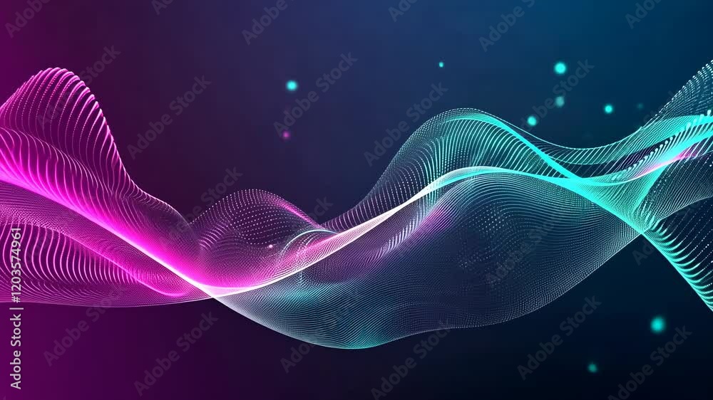 Poster video with a mesmerizing digital world with a neon blue and pink wave of light against a dark blue b